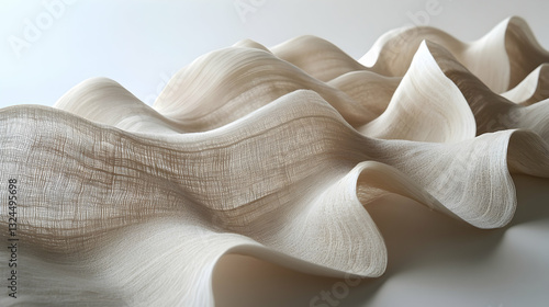 Cream-colored fabric art piece, meticulously sculpted into a series of elegant waves and curves. The texture is smooth yet slightly rough, adding depth and intrigue.