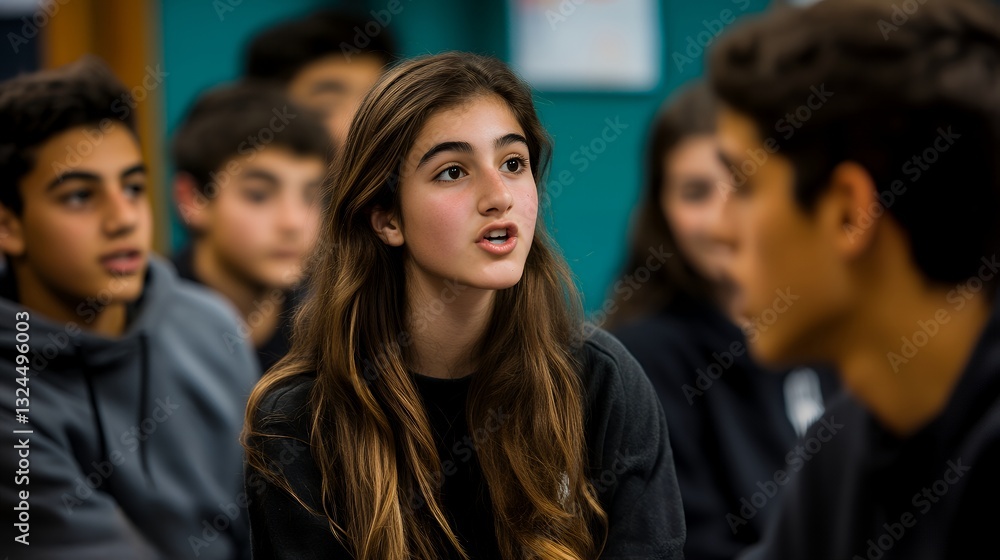 Obraz premium Engaged teenagers participate in a classroom discussion, developing critical thinking and communication skills
