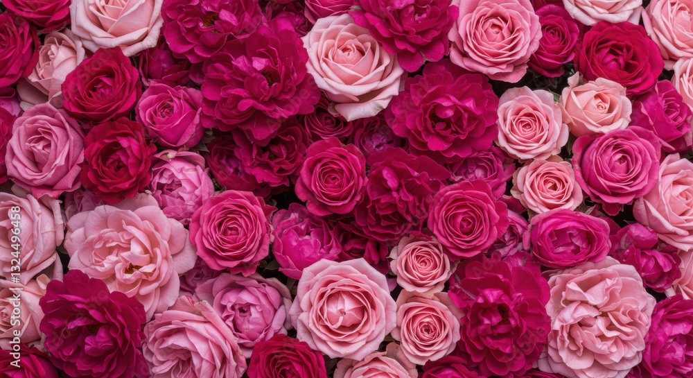 A lush and vibrant floral arrangement with delicate pink roses and fuchsia blooms creates a romantic and luxurious atmosphere for Valentine's Day and weddings. A lush and vibrant floral arrangement with delicate pink roses and fuchsia blooms creates a romantic and luxurious atmosphere for Valentine's Day and weddings.