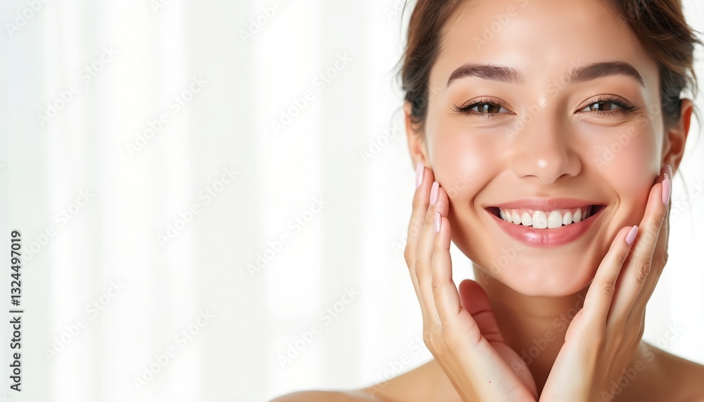Close-up of smiling asian woman with clear skin touching face. Natural beauty concept. Young brunette happy female, healthy face, skin care, beauty treatment, wellness product demo, facial lifting Close-up of smiling asian woman with clear skin touching face. Natural beauty concept. Young brunette happy female, healthy face, skin care, beauty treatment, wellness product demo, facial lifting