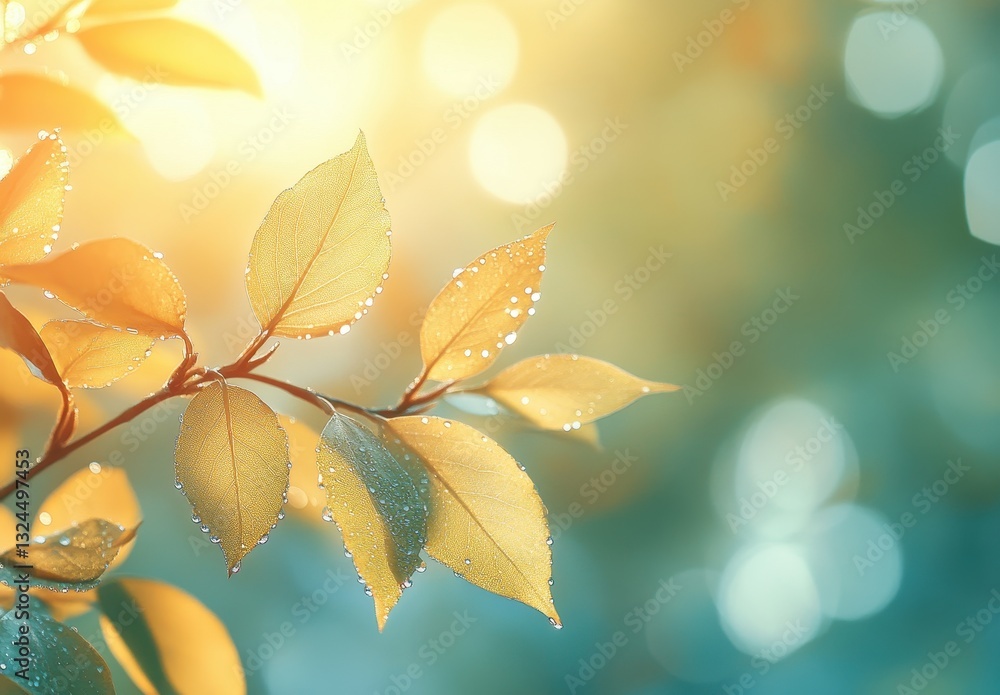Delicate Golden Leaves Glimmering with Water Droplets in a Soft Sunny Light Over a Dreamy Background of Blurred Green and Blue Colors Delicate Golden Leaves Glimmering with Water Droplets in a Soft Sunny Light Over a Dreamy Background of Blurred Green and Blue Colors