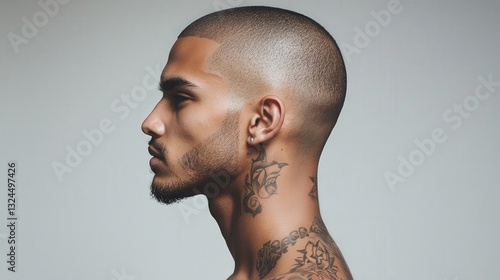 Bold modern buzz cut with intricate hair tattoos expressing style