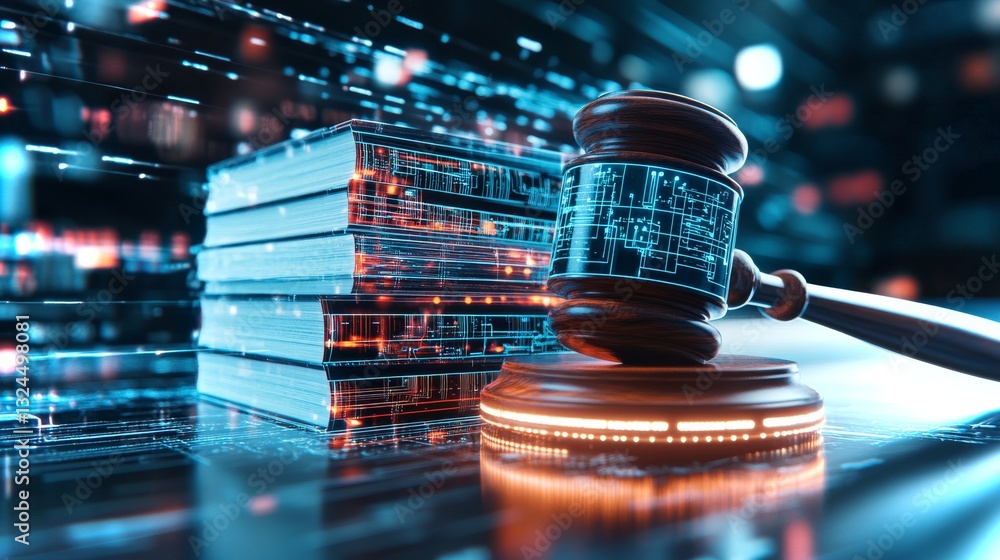 Conceptual representation of law and justice with digital elements in a modern court environment
