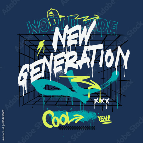 new generation graffiti text print design. hand writing font. urban skate artwork. hand drawn font. Skater with skateboard. text with skating. skate t shirt design.  calligraphy skate prints.