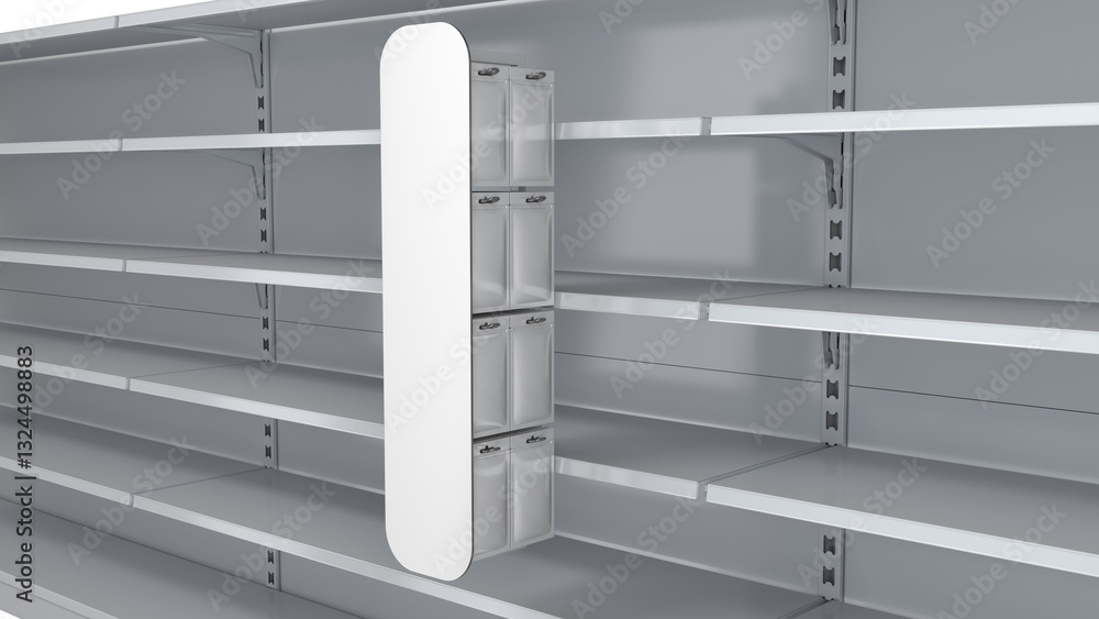 Supermarket shelves mockup with hanging display stand with blank pouches. 3d illustration Supermarket shelves mockup with hanging display stand with blank pouches. 3d illustration