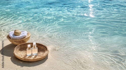 Serene Beach Spa: Two woven trays with towels and bottles rest on a sandy beach next to the shimmering, clear blue ocean. The soft sunlight sparkles on the water.