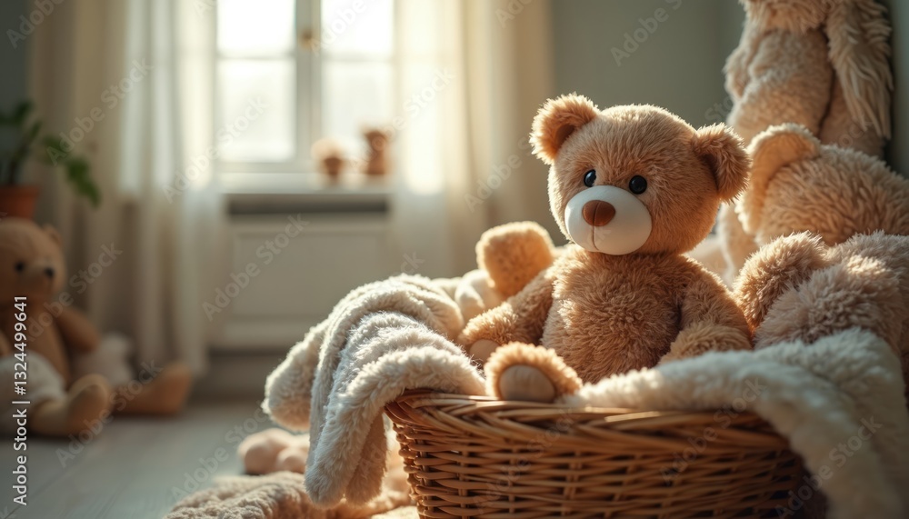 Cozy nostalgia composition with teddy bear in wicker basket. Home interior with childhood toys, soft sunlight from window. Warm sentimental scene evoking happy memories. Childhood concept, home Cozy nostalgia composition with teddy bear in wicker basket. Home interior with childhood toys, soft sunlight from window. Warm sentimental scene evoking happy memories. Childhood concept, home