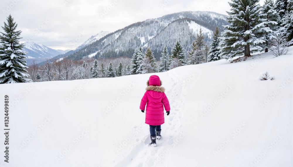 Child walking in snow-covered landscape Child walking in snow-covered landscape