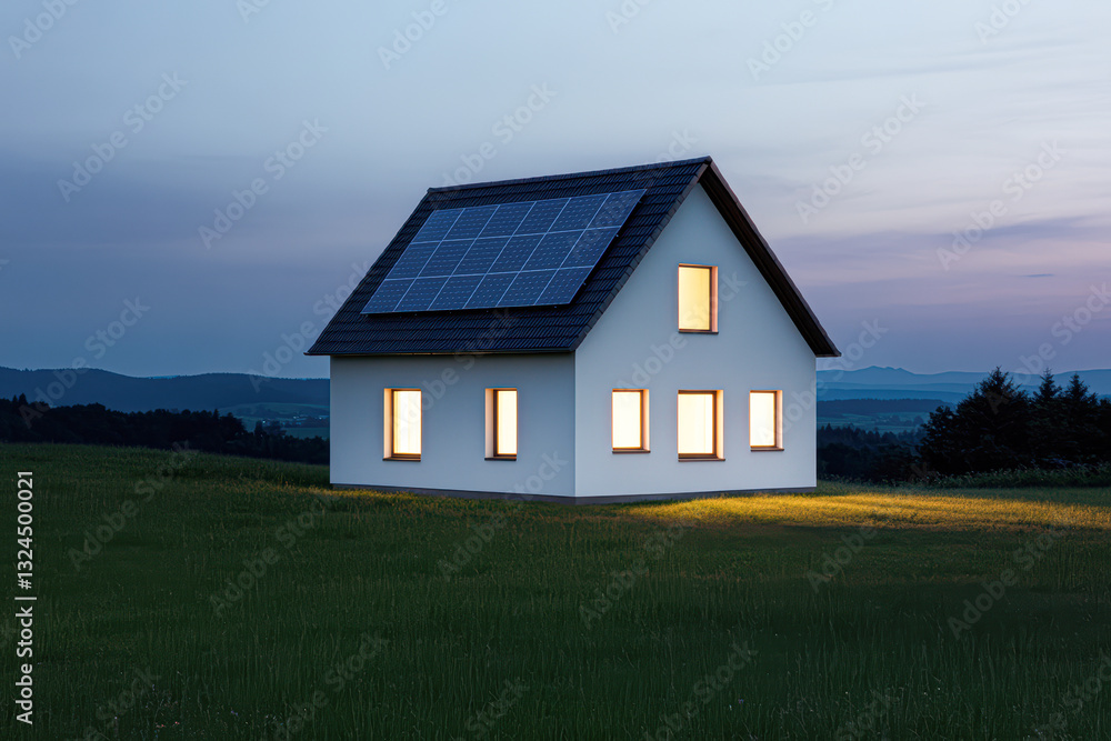 Modern house with illuminated windows at dusk in a serene landscape. Modern house with illuminated windows at dusk in a serene landscape.