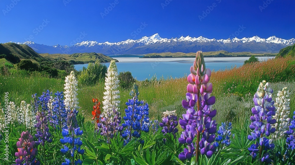 Fototapeta premium Beautiful colorful wild flowers with snow mountain in Spring.