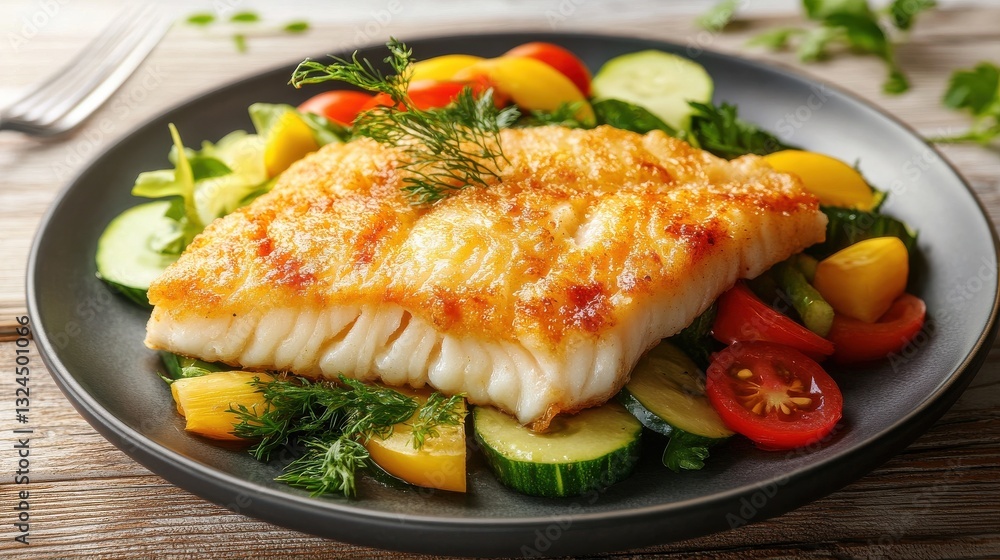 Fish dish - fried cod fillet with fresh vegetable salad on wooden table. Fish dish - fried cod fillet with fresh vegetable salad on wooden table.