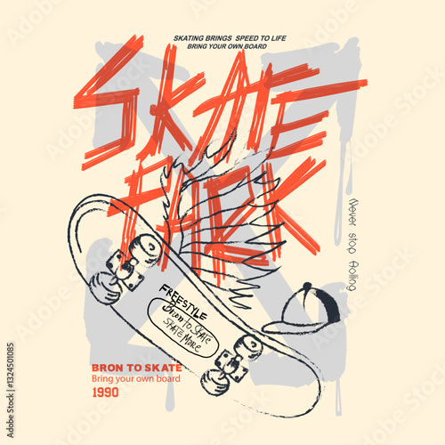 Skate park graphics. Skater graff text print design. urban skate artwork. hand drawn font. skate t shirt design. calligraphy skate prints. hand writing font. Skater with skateboard. text with skating.