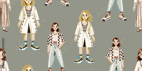 Drawn girls. Seamless background with girls. Women. Vector illustration
