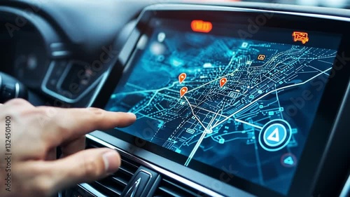 hand searching for route using navigation system on car dashboard screen