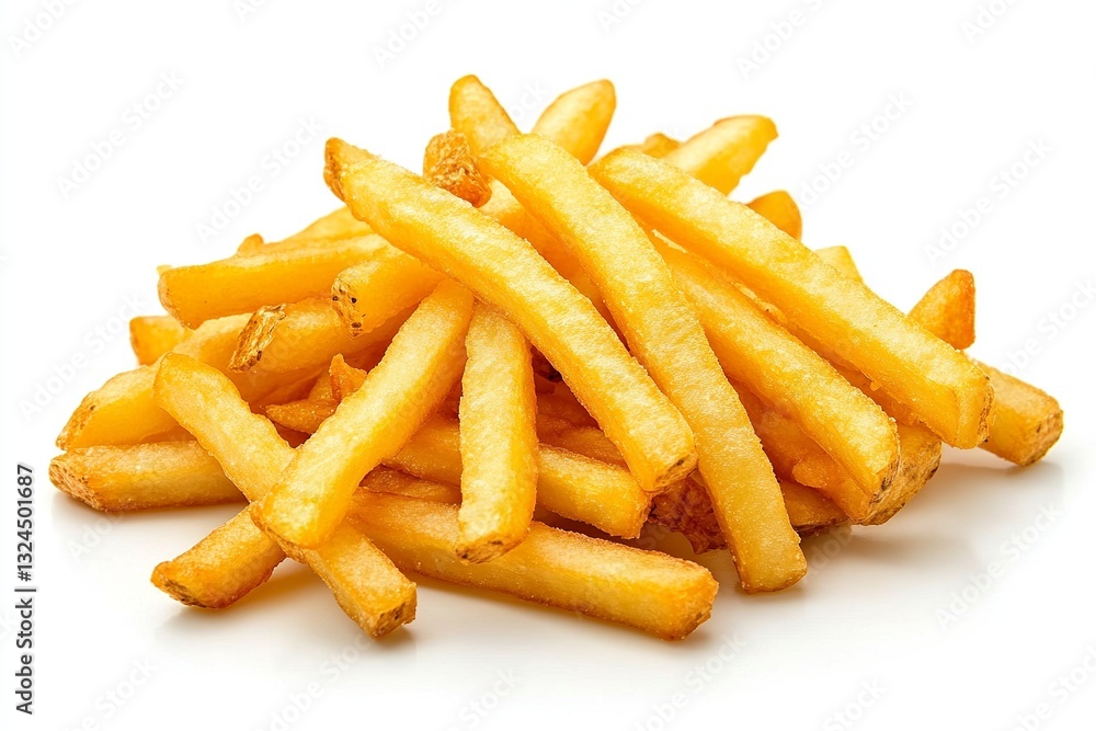 A vibrant pile of golden crispy French fries on a clean white background, ideal for food advertising A vibrant pile of golden crispy French fries on a clean white background, ideal for food advertising