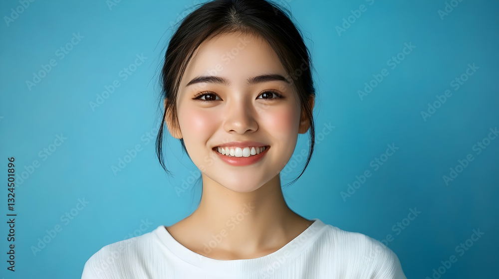 A young Asian woman smiles brightly against a vibrant blue backdrop. Her radiant smile and healthy complexion create a positive and cheerful mood. A young Asian woman smiles brightly against a vibrant blue backdrop. Her radiant smile and healthy complexion create a positive and cheerful mood.