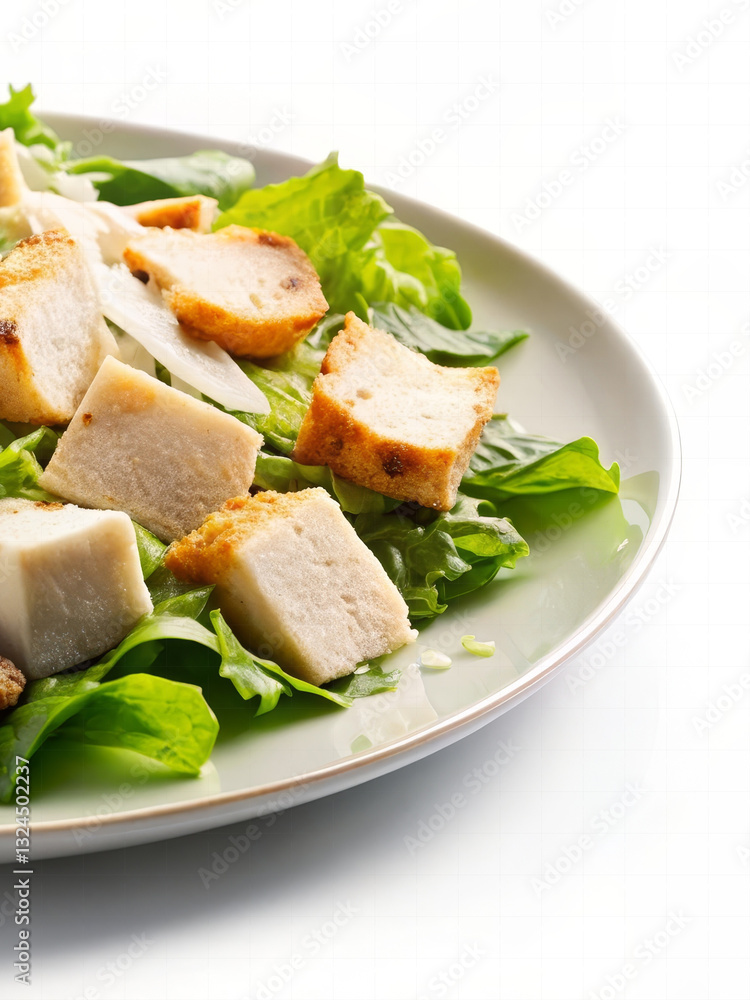 Caesar salad with grilled chicken, croutons, parmesan on clean white plate. Fresh lettuce and creamy dressing create vibrant, appetizing look, enhanced by soft lighting on white background Caesar salad with grilled chicken, croutons, parmesan on clean white plate. Fresh lettuce and creamy dressing create vibrant, appetizing look, enhanced by soft lighting on white background