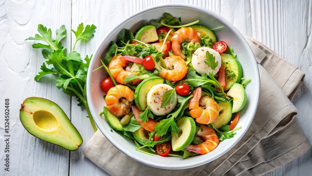 Shrimp and avocado salad features combination of fresh greens, perfectly cooked shrimp, creamy avocado. Clean white bowl emphasizes freshness vibrant colors, making it ideal nutritious dish Shrimp and avocado salad features combination of fresh greens, perfectly cooked shrimp, creamy avocado. Clean white bowl emphasizes freshness vibrant colors, making it ideal nutritious dish