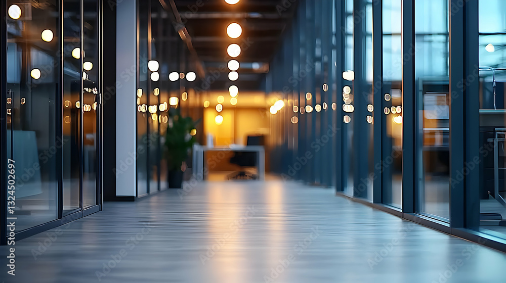 Illuminated Modern Office Hallway With Glass Partitions and Wooden Floor in Warm Evening Light Illuminated Modern Office Hallway With Glass Partitions and Wooden Floor in Warm Evening Light