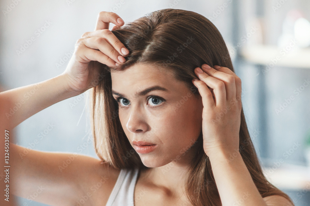Fototapeta premium Millennial girl with hair loss problem looking in mirror at home
