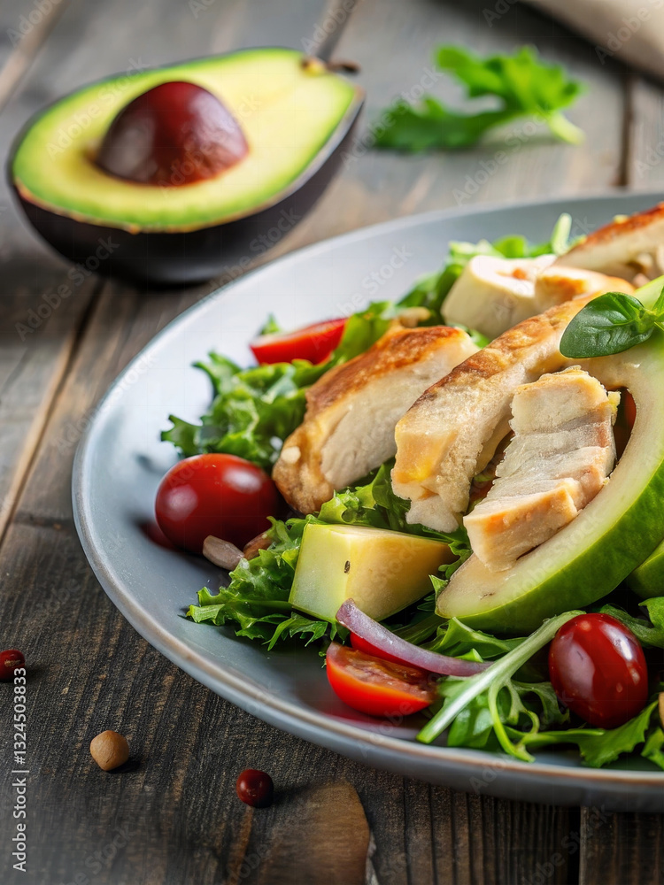 Close-up shot of chicken and avocado salad served with fresh mixed greens. Combination of flavors makes it delightful satisfying meal, perfect for those seeking healthy, low calorie option Close-up shot of chicken and avocado salad served with fresh mixed greens. Combination of flavors makes it delightful satisfying meal, perfect for those seeking healthy, low calorie option