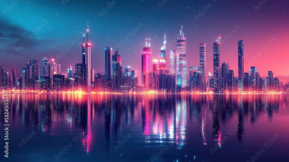 Futuristic city skyline at night with neon lights reflecting in the water. Futuristic city skyline at night with neon lights reflecting in the water.