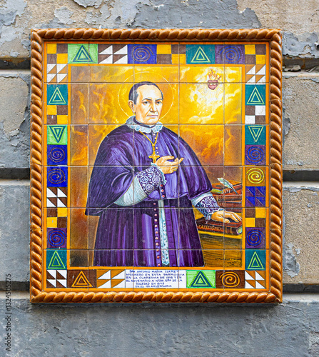 Glazed ceramic tile mural depicting saint anthony mary claret, spanish catholic archbishop