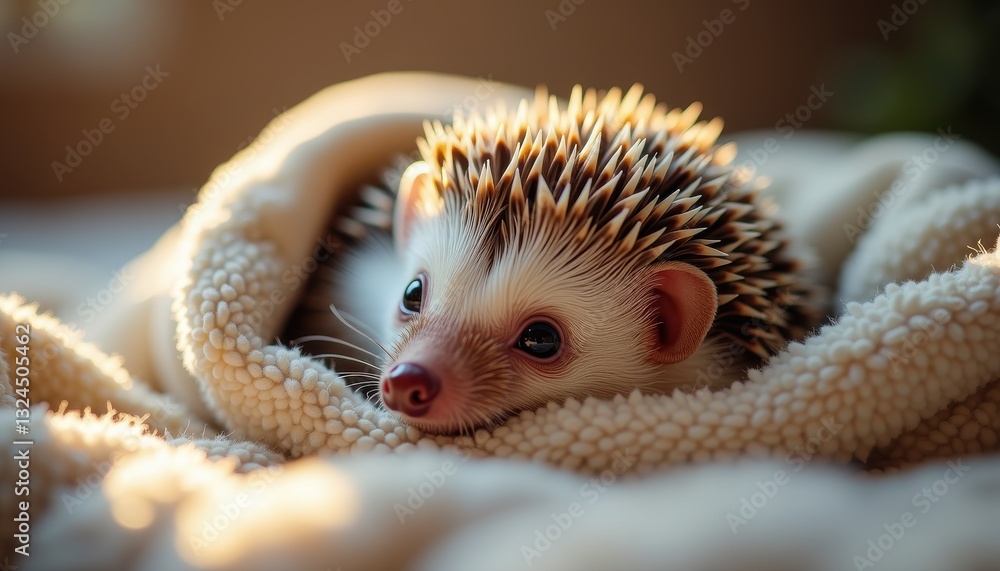 A small hedgehog is nestled in a soft beige blanket, its quills standing out against the cozy fabric. Its large, dark eyes and tiny nose create an endearing and tranquil indoor moment A small hedgehog is nestled in a soft beige blanket, its quills standing out against the cozy fabric. Its large, dark eyes and tiny nose create an endearing and tranquil indoor moment