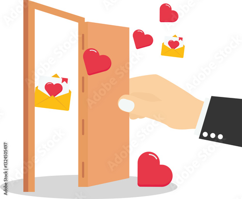 Opening a door with hearts. Open for new relationship, heal heart broken or divorce and relationship problem. Vector illustration in flat style.

