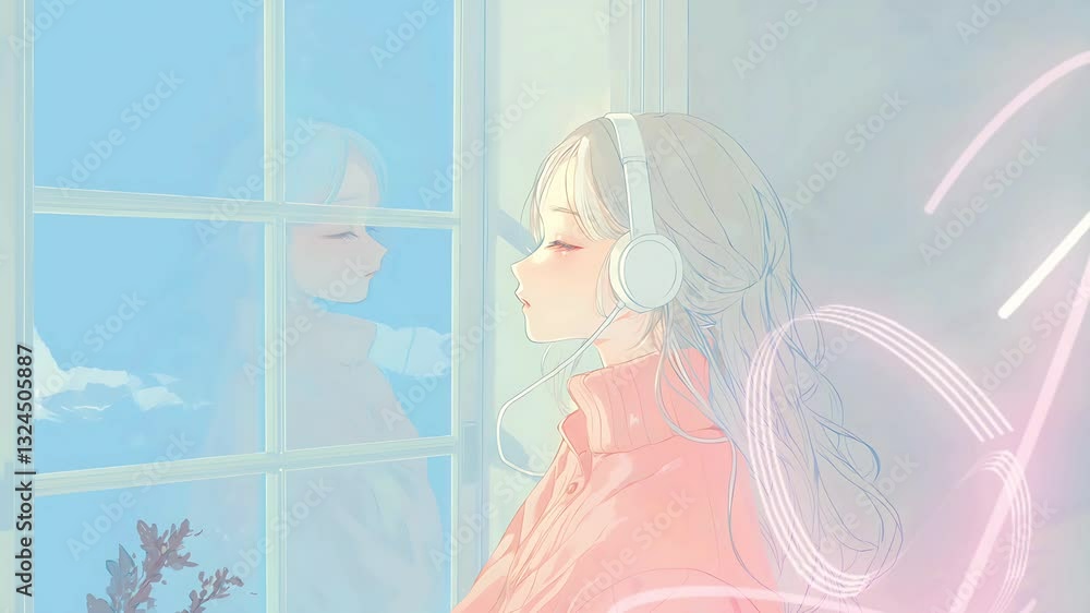 Girl with headphones looking out a window, pastel colors, Seamless looping time lapse animation video background, lo-fi art. Girl with headphones looking out a window, pastel colors, Seamless looping time lapse animation video background, lo-fi art.