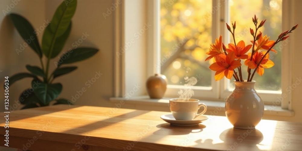 Fototapeta premium Serene morning sunlight illuminates a wooden table, warming a steaming cup of coffee beside a vase of vibrant orange blossoms, creating a peaceful and inviting atmosphere.