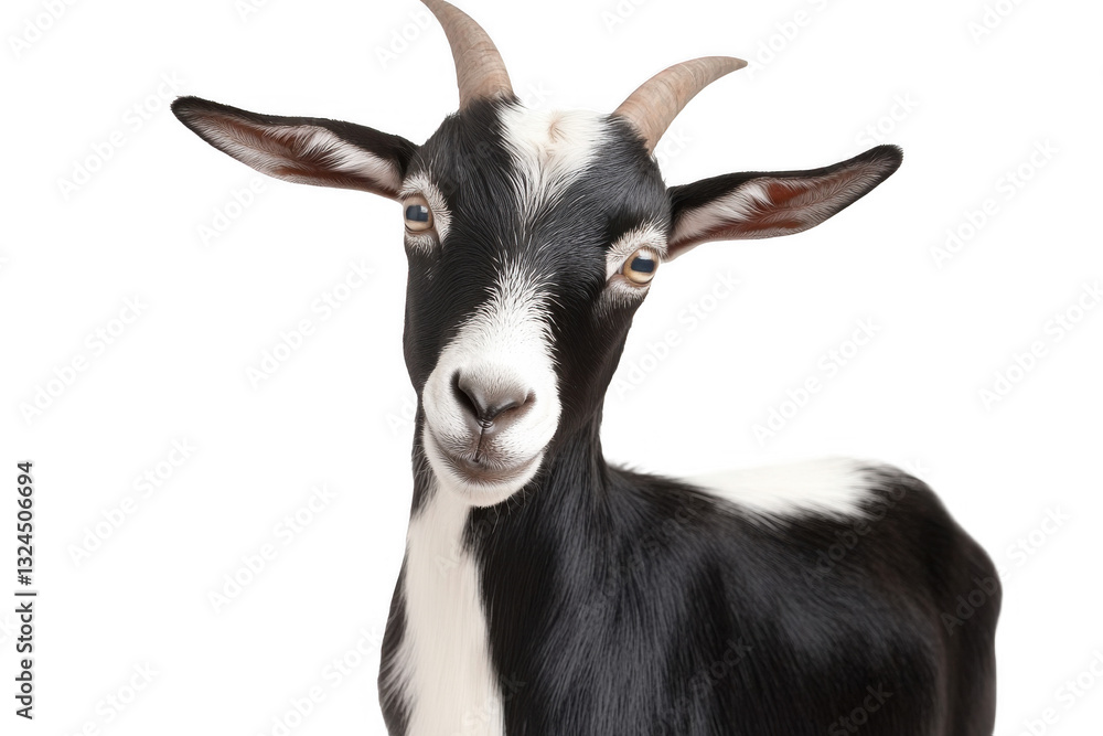 A realistic portrait of a black and white goat, showcasing its friendly demeanor, isolated on a transparent background. A realistic portrait of a black and white goat, showcasing its friendly demeanor, isolated on a transparent background.