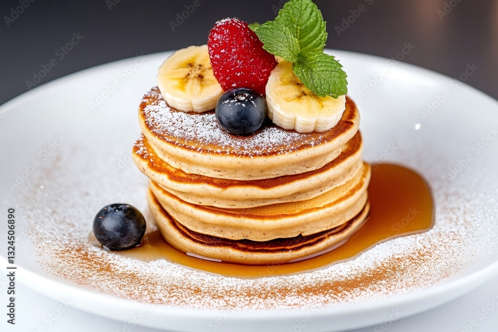 Delicious pancakes stack decorated with fresh fruits and syrup on white plate Delicious pancakes stack decorated with fresh fruits and syrup on white plate
