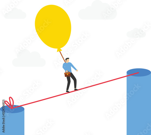 Businessman acrobat walk on the rope with balloons to reduce risk. Risk management control. Modern vector illustration in flat style

