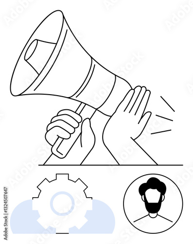 A hand silencing a megaphone, symbolizing muted communication. Below, user profile and gear icon represent personalization and control. Ideal for privacy, censorship, communication strategy, user