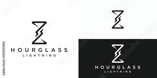 Minimal hourglass lightning logo template. Hourglass electric logo design vector illustration.