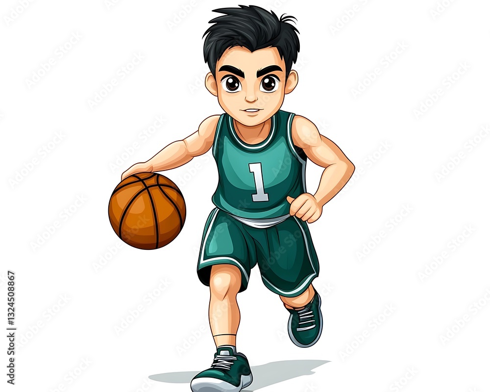 Boy dribbling basketball, action pose, white background, sports illustration Boy dribbling basketball, action pose, white background, sports illustration