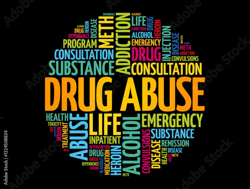 Drug Abuse - use of certain chemicals for the purpose of creating pleasurable effects on the brain, word cloud health concept background