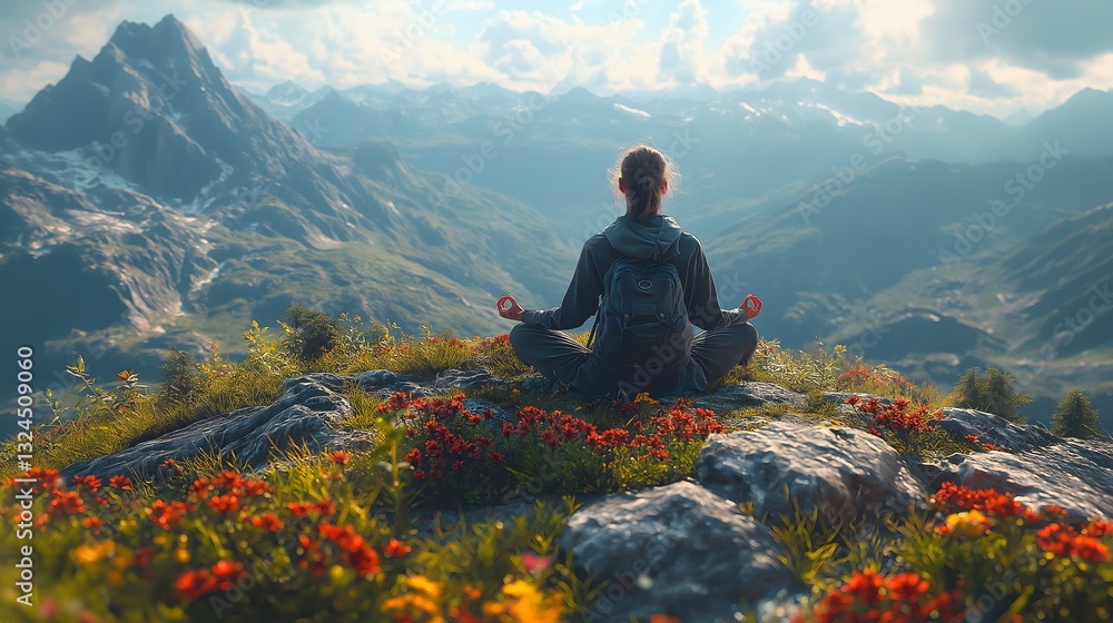 Fototapeta premium Person Meditating on Mountain Summit Overlooking Alpine Valley with Colorful Wildflowers, Majestic Peaks, and Clear Blue Sky for Outdoor Yoga, Mindfulness and Nature Connection