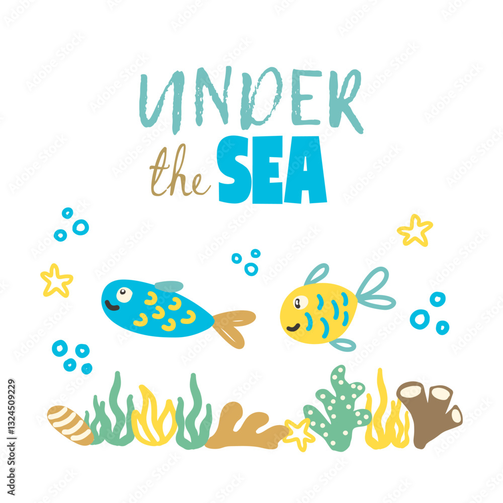 Underwater scene with cute fish coral bubbles and sea plants print vector illustration Underwater scene with cute fish coral bubbles and sea plants print vector illustration