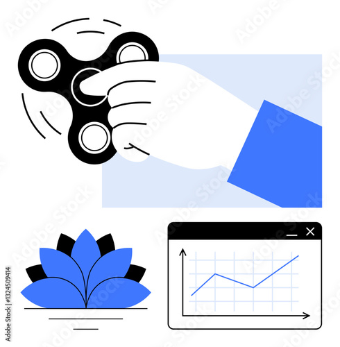 Hand spinning fidget spinner highlights focus and relaxation, lotus flower reflects serenity, and a rising graph emphasizes growth. Ideal for productivity, mindfulness, balance, success, improvement
