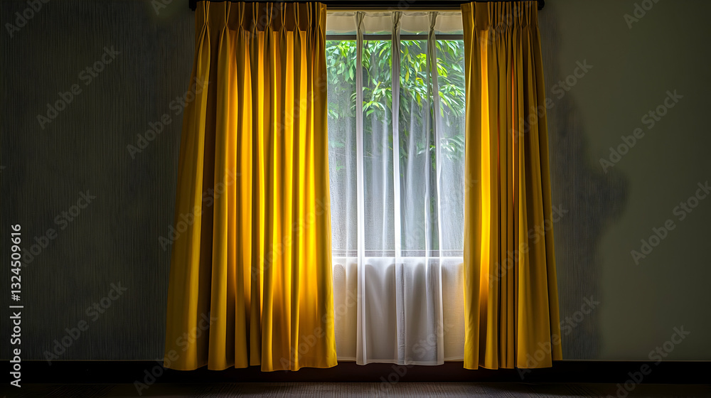 Fototapeta premium Golden Curtains Drape A Window Revealing A Green Foliage View And Decorative Wall Surface