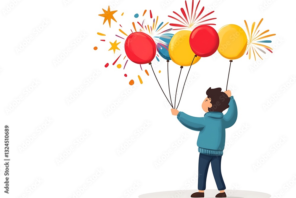 Boy holding celebratory balloons with fireworks, white background, festive illustration