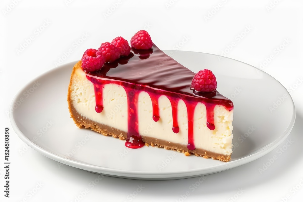 Gourmet cheesecake slice with fresh raspberries, dripping berry sauce and crispy crust. Gourmet cheesecake slice with fresh raspberries, dripping berry sauce and crispy crust.