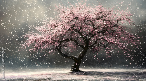 Fototapeta Naklejka Na Ścianę i Meble -  Serene pink blossoms fall from a majestic tree, creating a magical scene.  The delicate petals dance in the air, a captivating moment of nature's beauty.