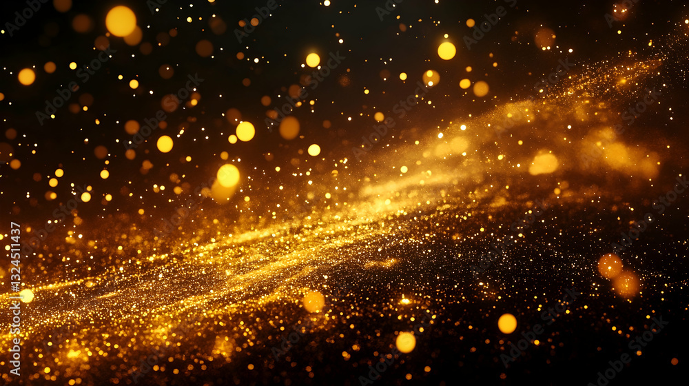 Naklejka premium Shimmering golden particles dance in the dark, creating a magical and luxurious atmosphere. Perfect for celebratory designs.