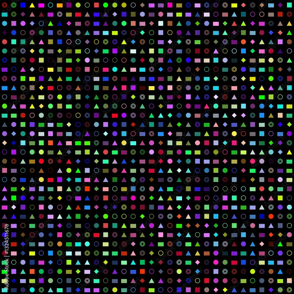 colorful geometric shapes like circles squares triangles rhombuses, rings on black background on a matrix of 32x32 cells for a total of 1024 symbols colorful geometric shapes like circles squares triangles rhombuses, rings on black background on a matrix of 32x32 cells for a total of 1024 symbols