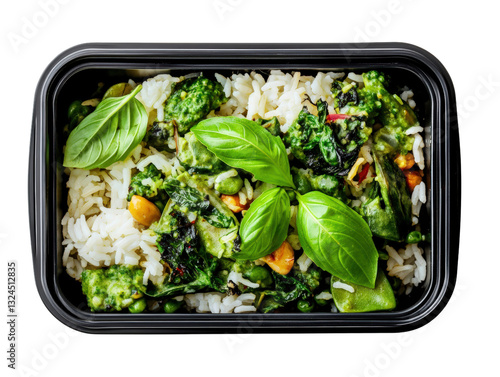 Colorful container of rice mixed with fresh vegetables displaying a nutritious and delicious meal ready to enjoy isolated on a white background. photo