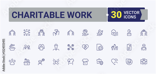 Charitable Work linear icon collection. It contains symbols to donation, donate, charity, unity, care, support, volunteer, humanitarian and more. Volunteering modern icons. Modern editable stroke.