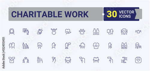 Charitable Work linear icon collection. It contains symbols to donation, donate, charity, unity, care, support, volunteer, humanitarian and more. Volunteering modern icons. Modern editable stroke.